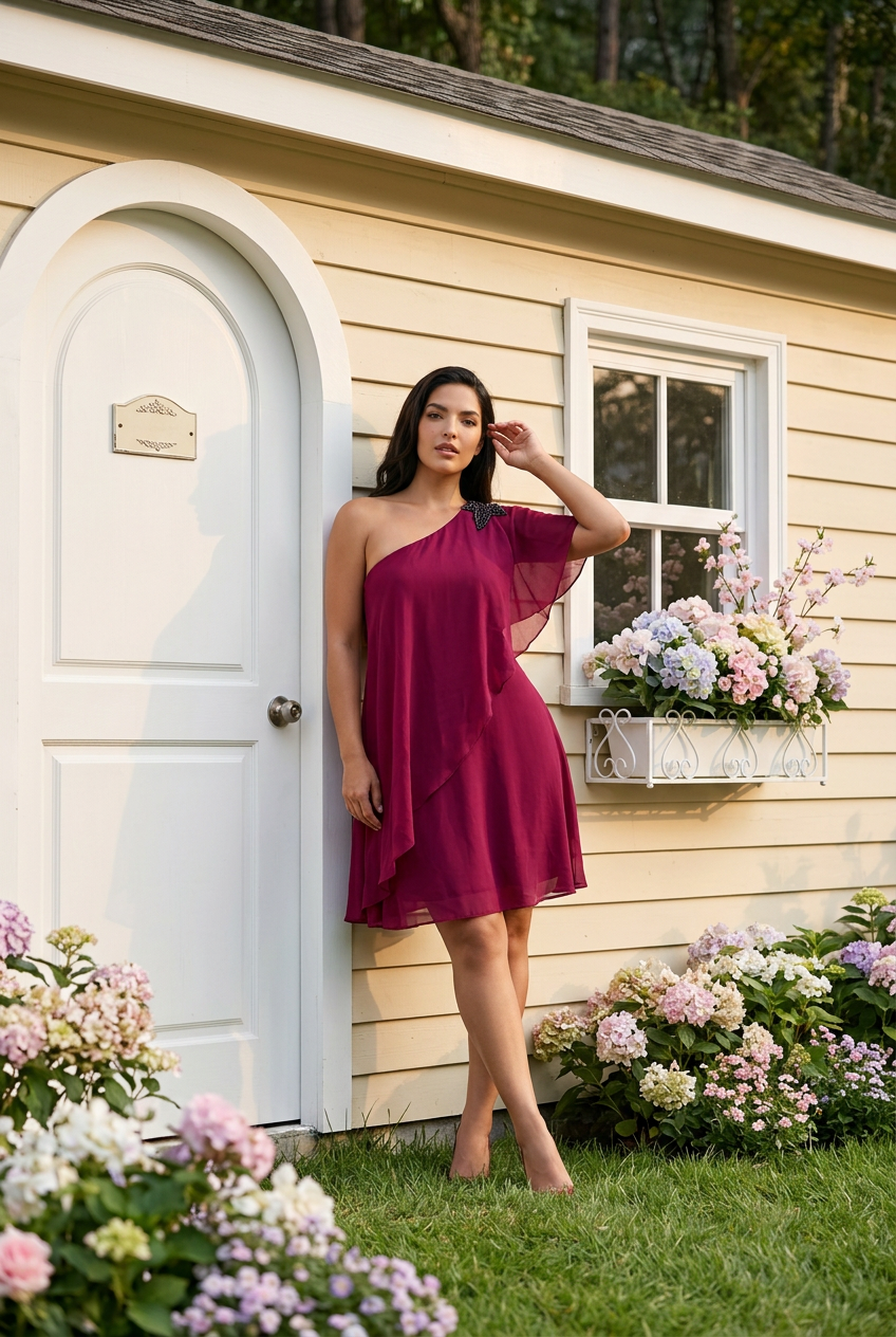One-Shoulder Burgundy Chiffon Dress
