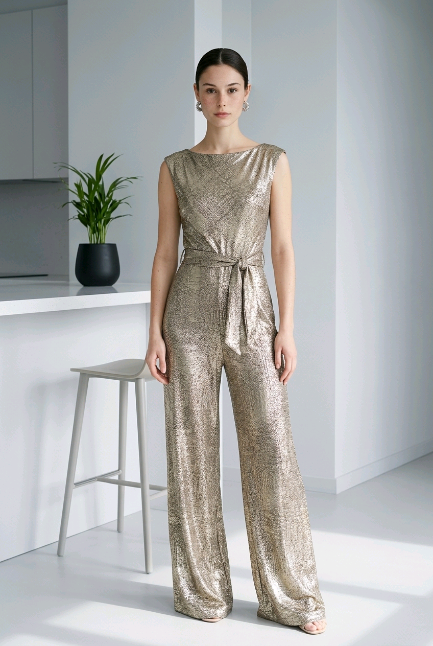 Gold Metallic Sequin Wide-Leg Jumpsuit