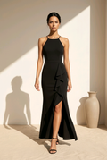 Black Halter Ruffle Maxi Dress