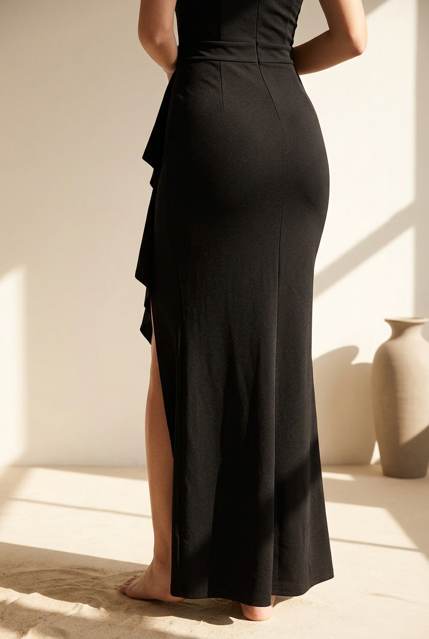 Black Halter Ruffle Maxi Dress