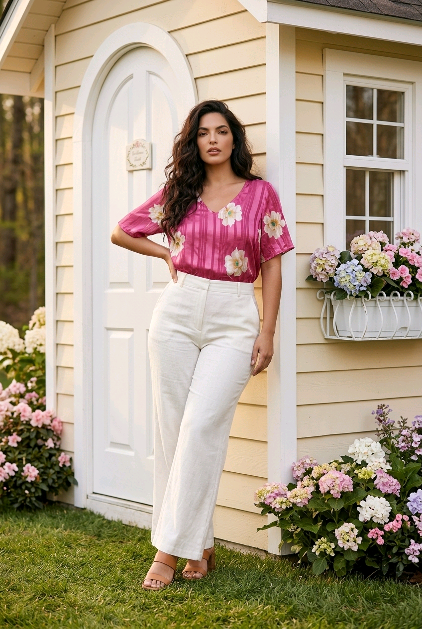 Pink Floral Print V-Neck Top