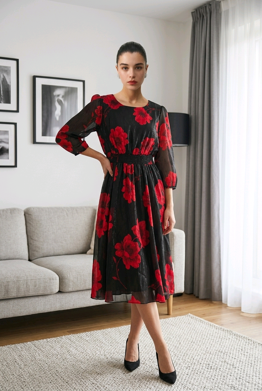 Red Floral Midi Dress