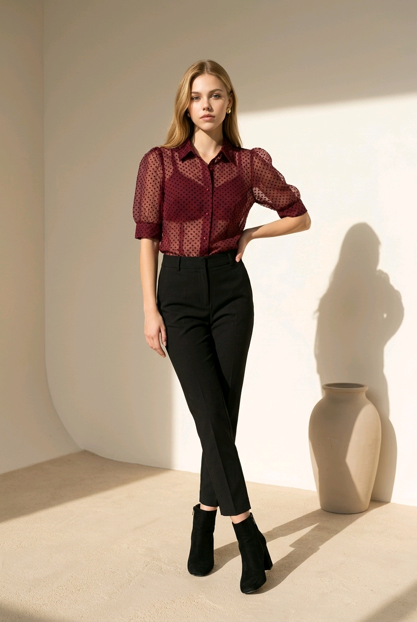 Burgundy Sheer Polka Dot Blouse