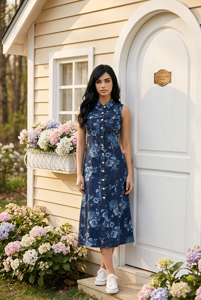Floral Denim Midi Dress - Size M